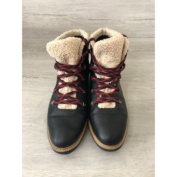 Dr. Scholl's So Cozy Women 10M Black Leather Lace Up Faux Shearling Ankle Bootie - Picture 2 of 7